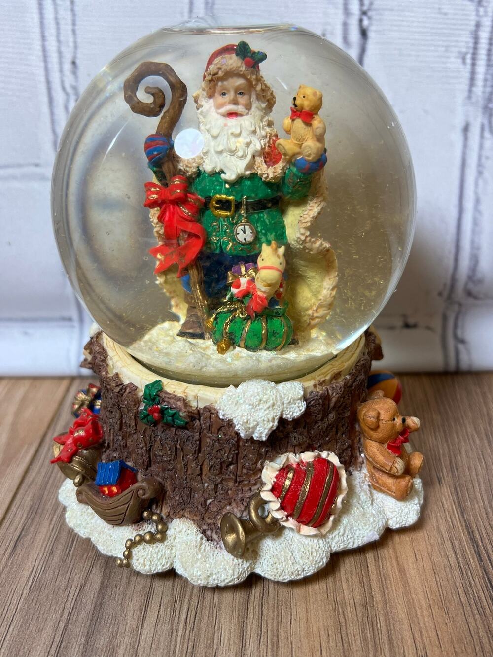 Vintage Musical Santa Snow Globe Water Globe 6” Teddy Bear Toys Original Box